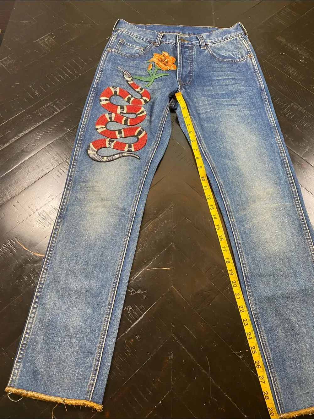 Gucci Blue Denim Skinny Jeans with Red Snake and Orange Flower Embroidery